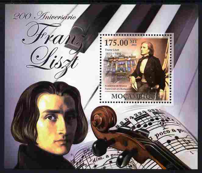 Mozambique 2011 200th Birth Anniversary of Franz Liszt perf s/sheet unmounted mint, stamps on personalities, stamps on music, stamps on composers, stamps on liszt