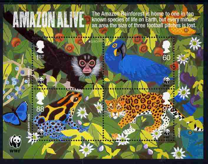 Great Britain 2011 WWF - The Amazon Rainforest perf sheetlet containing 4 values unmounted mint, stamps on , stamps on  wwf , stamps on animals, stamps on apes, stamps on frogs, stamps on cats, stamps on birds, stamps on parrots, stamps on snakes, stamps on butterflies