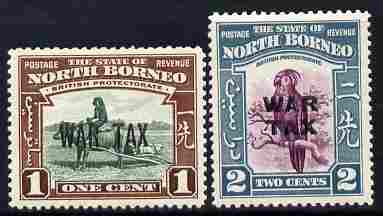 North Borneo 1941 War Tax overprint set of 2 unmounted mint, SG 318-19, stamps on animals, stamps on buffaloes, stamps on bovine, stamps on birds, stamps on parrots