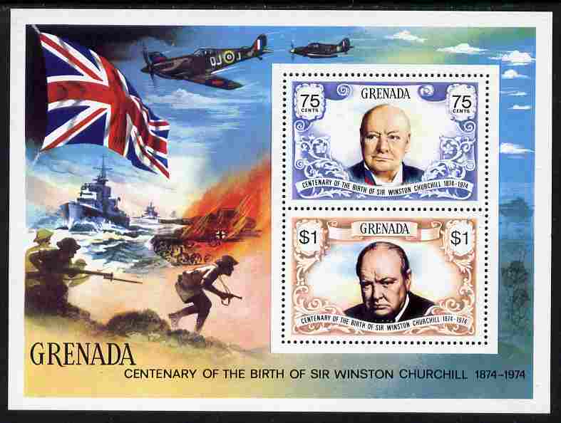 Grenada 1974 Birth Centenary of Sir Winston Churchill m/sheet unmounted mint, SG MS 639, stamps on personalities, stamps on churchill, stamps on constitutions, stamps on  ww2 , stamps on aviation, stamps on spitfires, stamps on ships, stamps on flags, stamps on militaria