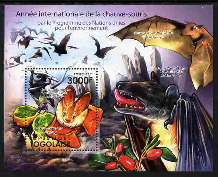 Togo 2011 International Year of Bats perf s/sheet unmounted mint, stamps on mammals, stamps on bats, stamps on fruit