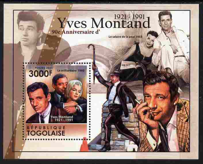 Togo 2011 90th Birth Anniversary of Yves Montand perf s/sheet unmounted mint, stamps on personalities, stamps on films, stamps on cinema, stamps on movies, stamps on umbrellas