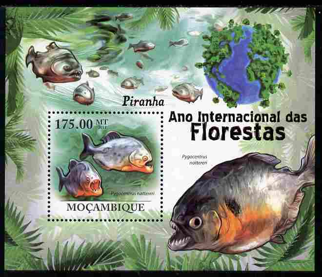 Mozambique 2011 International Year of the Forest - Piranhas perf s/sheet unmounted mint, stamps on fish, stamps on piranhas