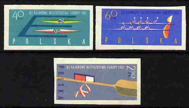 Poland 1961 European Canoeing Championships imperf set of 3 unmounted mint, SG 1246-8, stamps on sport, stamps on canoeing
