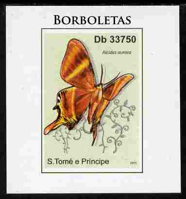 St Thomas & Prince Islands 2011 Butterflies #1 imperf individual deluxe sheet unmounted mint. Note this item is privately produced and is offered purely on its thematic a..., stamps on butterflies