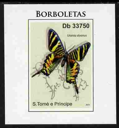 St Thomas & Prince Islands 2011 Butterflies #4 imperf individual deluxe sheet unmounted mint. Note this item is privately produced and is offered purely on its thematic a..., stamps on butterflies