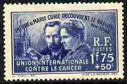 France 1938 International Anti-Cancer Fund 1f75 + 50c unmounted mint, SG 617, stamps on personalities, stamps on curie, stamps on cancer, stamps on diseases, stamps on medical, stamps on x-rays, stamps on physics, stamps on chemistry, stamps on x-ray, stamps on women, stamps on nobel, stamps on 