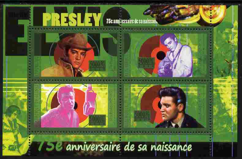 Guinea - Conakry 2010 75th Birth Anniversary of Elvis Presley perf sheetlet containig 4 values unmounted mint Michel 7967-70, stamps on , stamps on  stamps on personalities, stamps on  stamps on music, stamps on  stamps on films, stamps on  stamps on rock, stamps on  stamps on elvis, stamps on  stamps on pops, stamps on  stamps on microphones