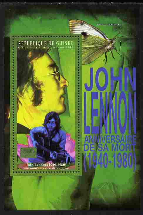 Guinea - Conakry 2010 Anniversary of John Lennon perf s/sheet unmounted mint Michel BL 1892, stamps on , stamps on  stamps on personalities, stamps on  stamps on music, stamps on  stamps on films, stamps on  stamps on rock, stamps on  stamps on beatles, stamps on  stamps on pops, stamps on  stamps on lennon, stamps on  stamps on butterflies
