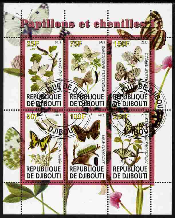 Djibouti 2011 Butterflies & Caterpillars #1 perf sheetlet containing 6 values fine cto used, stamps on butterflies