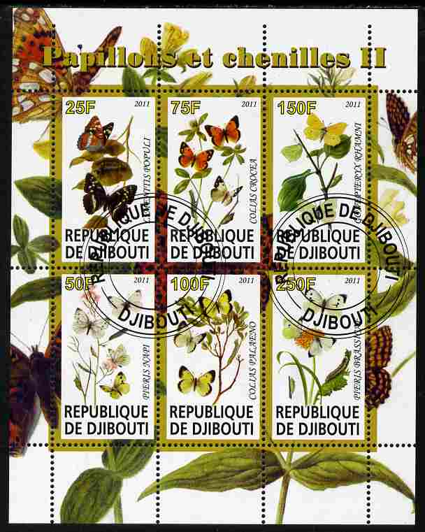 Djibouti 2011 Butterflies & Caterpillars #2 perf sheetlet containing 6 values fine cto used, stamps on butterflies