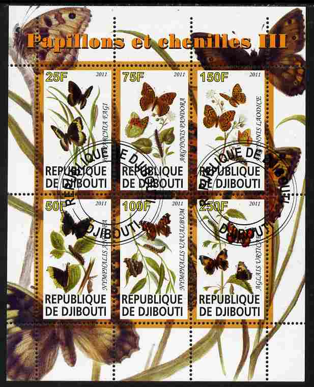 Djibouti 2011 Butterflies & Caterpillars #3 perf sheetlet containing 6 values fine cto used, stamps on butterflies