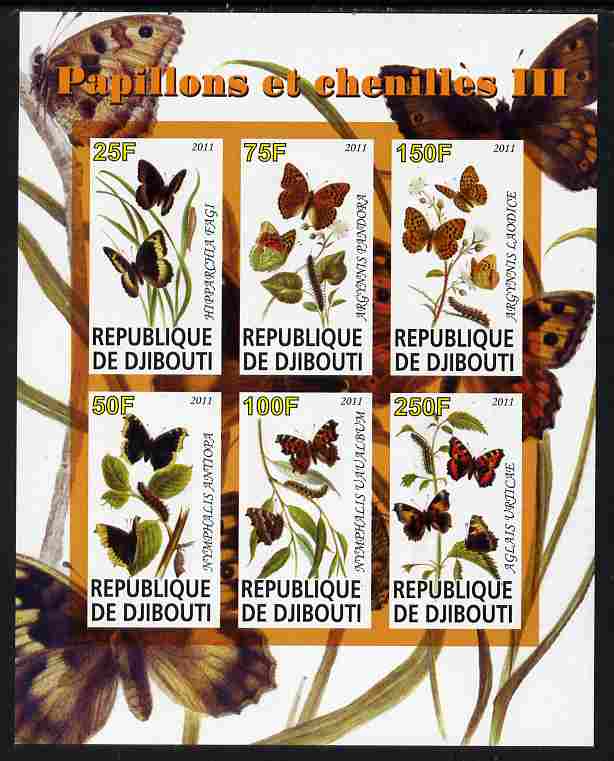 Djibouti 2011 Butterflies & Caterpillars #3 imperf sheetlet containing 6 values unmounted mint , stamps on butterflies