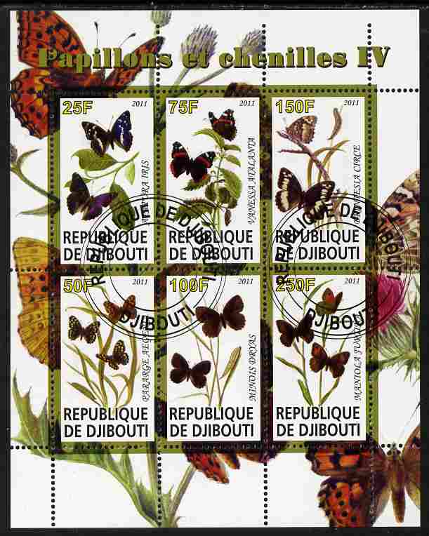 Djibouti 2011 Butterflies & Caterpillars #4 perf sheetlet containing 6 values fine cto used, stamps on butterflies