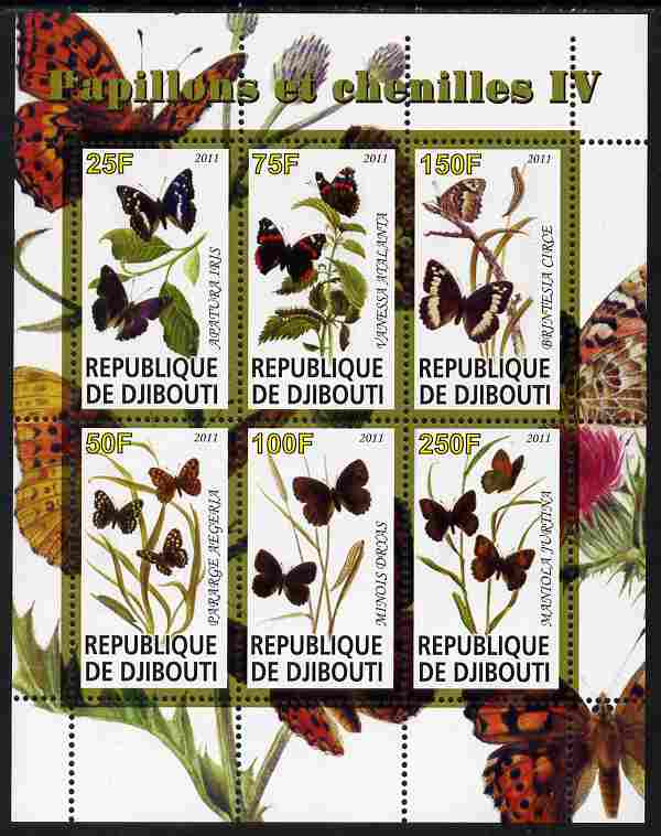 Djibouti 2011 Butterflies & Caterpillars #4 perf sheetlet containing 6 values unmounted mint , stamps on butterflies