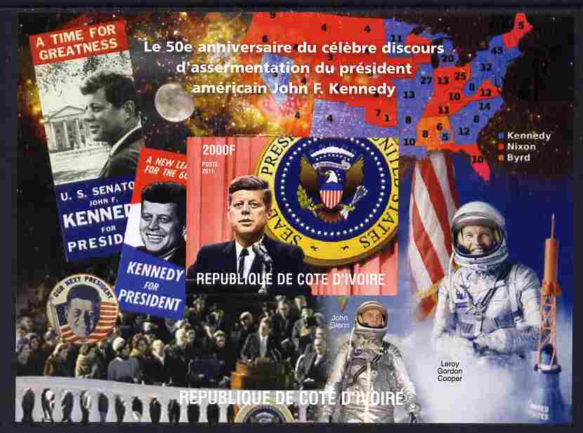 Ivory Coast 2011 50th Death Anniversary of John Kennedy #1 imperf m/sheet unmounted mint. Note this item is privately produced and is offered purely on its thematic appeal, stamps on personalities, stamps on kennedy, stamps on usa presidents, stamps on americana, stamps on space, stamps on maps, stamps on flags