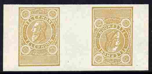 Belgium 1891 Telephone tete-beche interpaneau imperf proof pair undenominated in ochre on ungummed paper, stamps on cinderella, stamps on telephone, stamps on communications, stamps on 