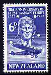 New Zealand 1958 30th Anniversary of First Air Crossing of Tasman Sea 6d unmounted mint, SG 766, stamps on aviation