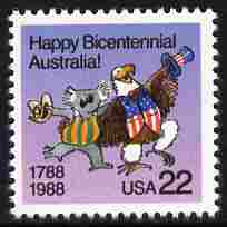 United States & Australia 1988 Joint Issue - Bicentenary of Australian Settlement 22c unmounted mint, SG 2332, stamps on eagles, stamps on americana, stamps on bears, stamps on 