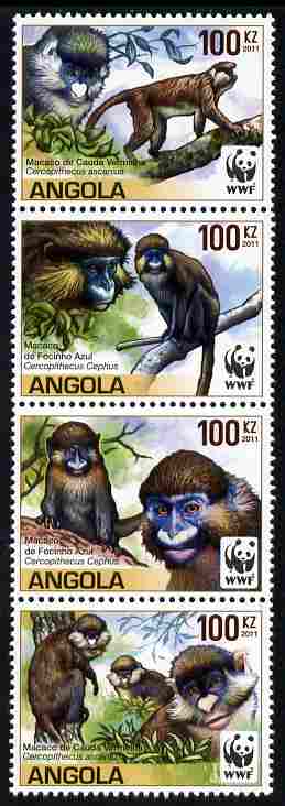 Angola 2011 WWF - Endangered Monkeys perf se-tenant strip of 4 unmounted mint , stamps on animals, stamps on  wwf , stamps on apes, stamps on monkeys