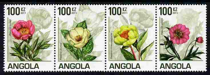 Angola 2011 Flowers - Peonies perf se-tenant strip of 4 unmounted mint , stamps on , stamps on  stamps on flowers