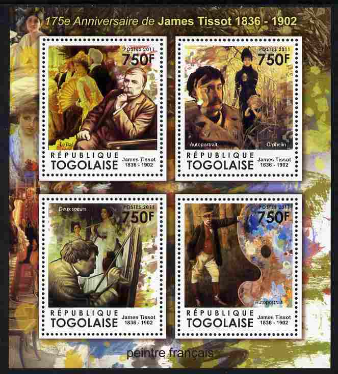 Togo 2011 175th Birth Anniversary of James Tissot perf sheetlet containing 4 values unmounted mint, stamps on arts, stamps on tissot