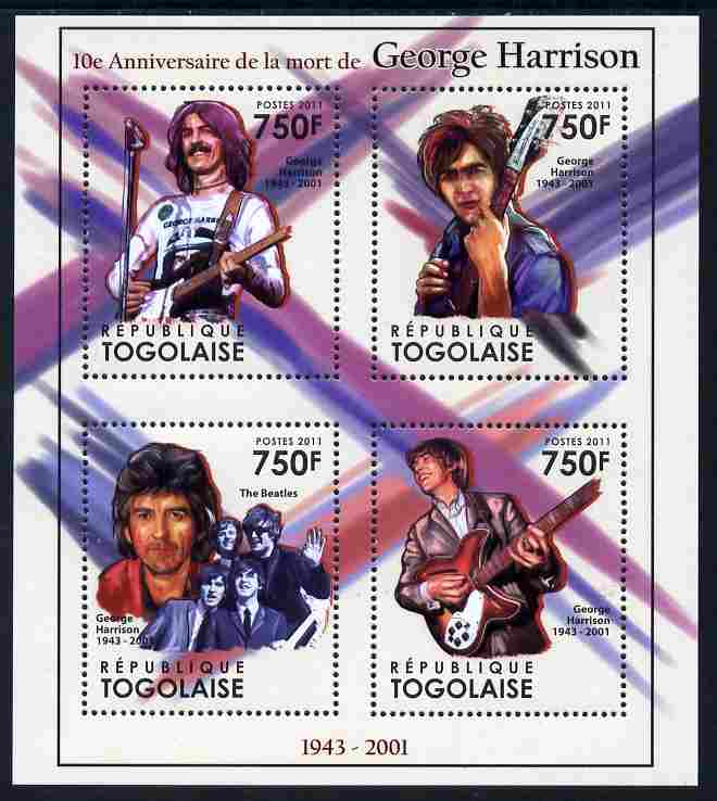 Togo 2011 Tenth Death Anniversary of George Harrison perf sheetlet containing 4 values unmounted mint, stamps on personalities, stamps on beatles, stamps on pops, stamps on music, stamps on rock