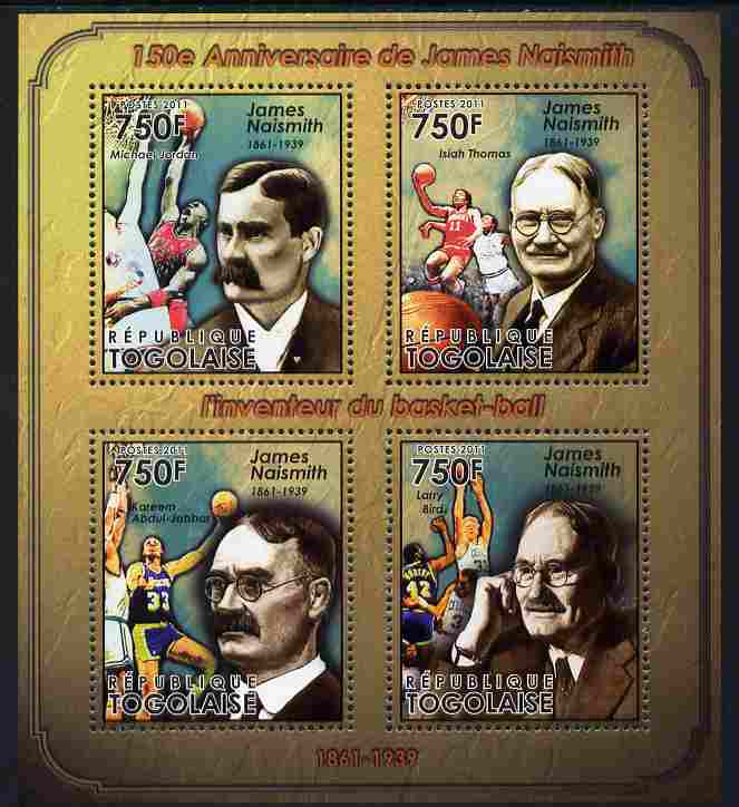 Togo 2011 150th Birth Anniversary of James Naismith (basketball) perf sheetlet containing 4 values unmounted mint, stamps on personalities, stamps on sport, stamps on basketball
