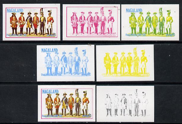 Nagaland 1977 French Militia 1c set of 7 imperf progressive colour proofs comprising the 4 individual colours plus 2, 3 and all 4-colour composites unmounted mint, stamps on , stamps on  stamps on militaria