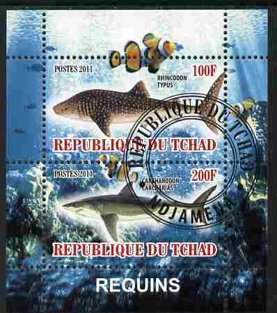 Chad 2011 Sharks perf sheetlet containing 2 values cto used, stamps on fish, stamps on sharks