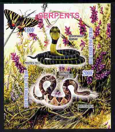 Chad 2011 Snakes imperf sheetlet containing 2 values unmounted mint, stamps on , stamps on  stamps on reptiles, stamps on  stamps on snakes