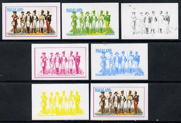 Nagaland 1977 French Militia 2c set of 7 imperf progressive colour proofs comprising the 4 individual colours plus 2, 3 and all 4-colour composites unmounted mint, stamps on militaria