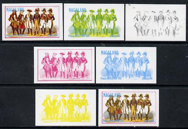 Nagaland 1977 French Militia 3c set of 7 imperf progressive colour proofs comprising the 4 individual colours plus 2, 3 and all 4-colour composites unmounted mint, stamps on militaria