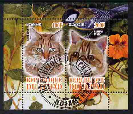 Chad 2011 Domestic Cats perf sheetlet containing 2 values cto used, stamps on animals, stamps on cats, stamps on 