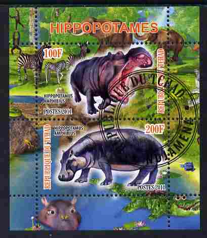 Chad 2011 Hippos perf sheetlet containing 2 values cto used, stamps on animals, stamps on hippos