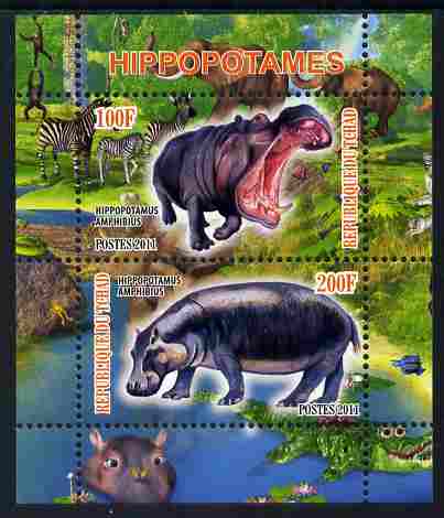 Chad 2011 Hippos perf sheetlet containing 2 values unmounted mint, stamps on animals, stamps on hippos