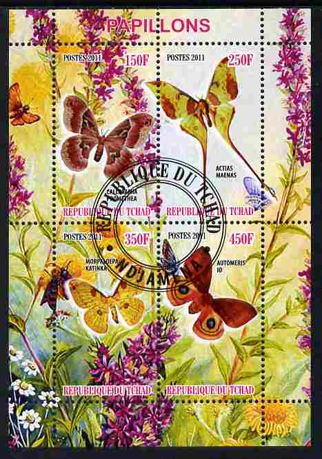 Chad 2011 Butterflies #5 perf sheetlet containing 4 values cto used, stamps on , stamps on  stamps on butterflies