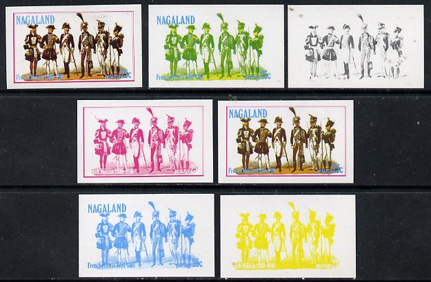 Nagaland 1977 French Militia 25c set of 7 imperf progressive colour proofs comprising the 4 individual colours plus 2, 3 and all 4-colour composites unmounted mint, stamps on militaria