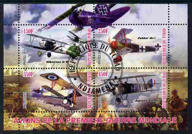 Chad 2011 Aircraft of World War 1 perf sheetlet containing 4 values cto used, stamps on aviation, stamps on  ww1 , stamps on 