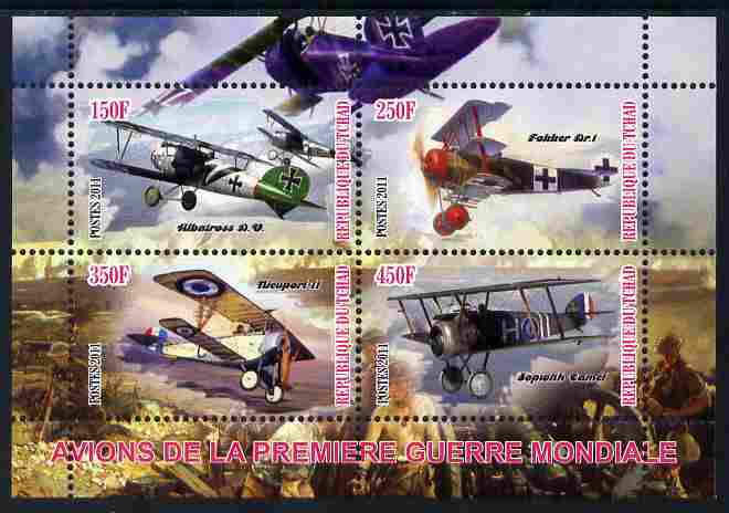 Chad 2011 Aircraft of World War 1 perf sheetlet containing 4 values unmounted mint, stamps on aviation, stamps on  ww1 , stamps on 