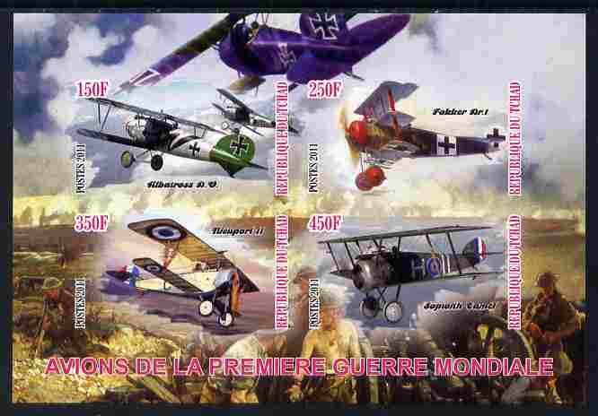 Chad 2011 Aircraft of World War 1 imperf sheetlet containing 4 values unmounted mint, stamps on aviation, stamps on  ww1 , stamps on 