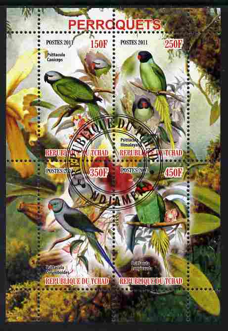 Chad 2011 Parrots perf sheetlet containing 4 values cto used, stamps on birds, stamps on parrots