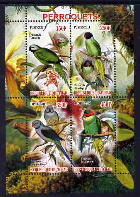 Chad 2011 Parrots perf sheetlet containing 4 values unmounted mint, stamps on , stamps on  stamps on birds, stamps on  stamps on parrots