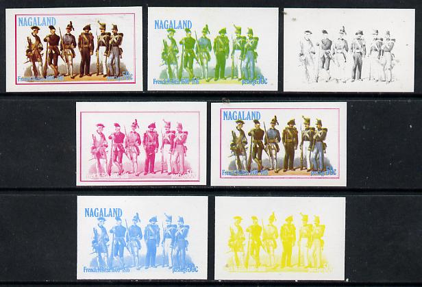 Nagaland 1977 French Militia 50c set of 7 imperf progressive colour proofs comprising the 4 individual colours plus 2, 3 and all 4-colour composites unmounted mint, stamps on militaria