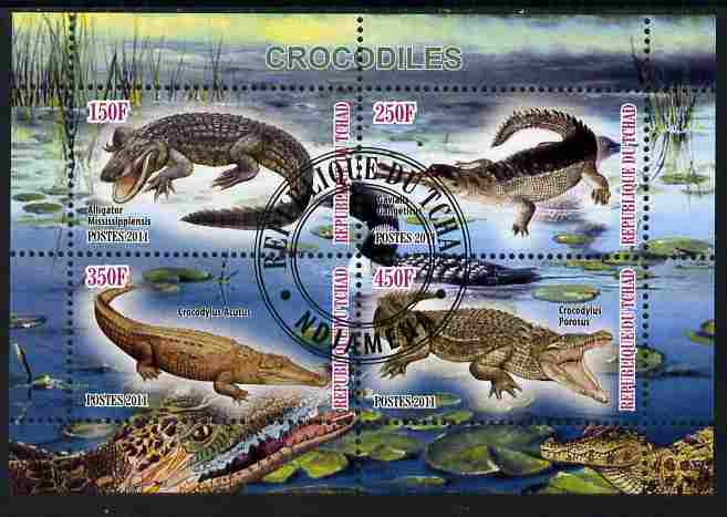Chad 2011 Crocodiles perf sheetlet containing 4 values cto used, stamps on reptiles, stamps on crocodiles