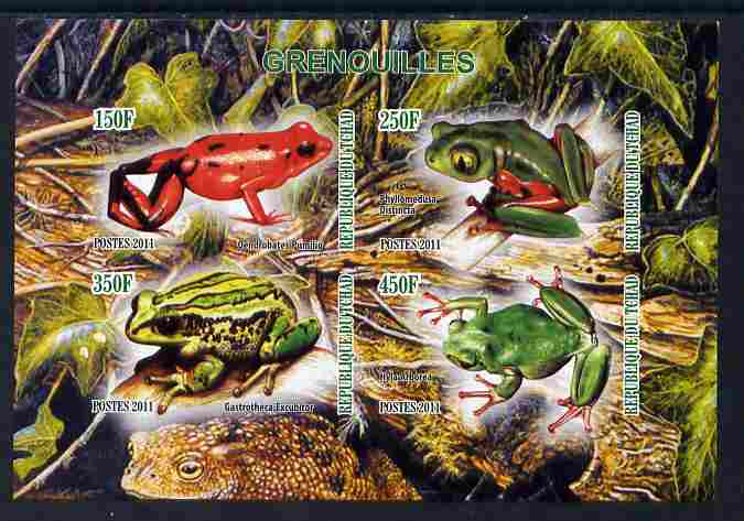 Chad 2011 Frogs #1 imperf sheetlet containing 4 values unmounted mint, stamps on reptiles, stamps on animals, stamps on frogs, stamps on amphibians