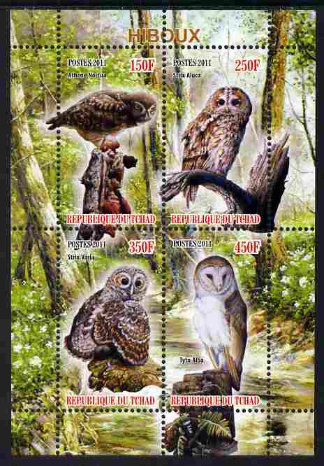 Chad 2011 Owls perf sheetlet containing 4 values unmounted mint, stamps on birds, stamps on birds of prey, stamps on owls