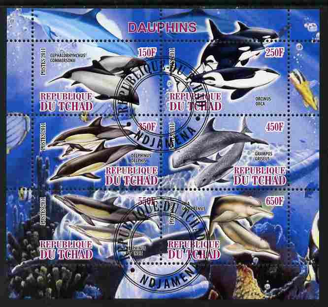 Chad 2011 Dolphins perf sheetlet containing 6 values cto used, stamps on marine life, stamps on whales, stamps on dolphins