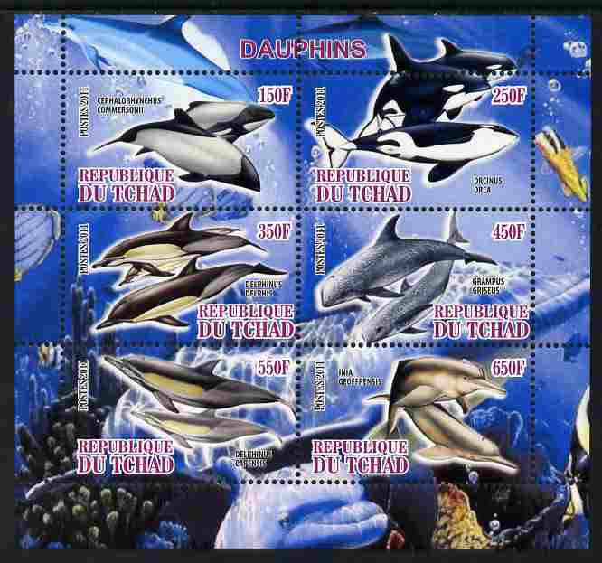 Chad 2011 Dolphins perf sheetlet containing 6 values unmounted mint, stamps on , stamps on  stamps on marine life, stamps on  stamps on whales, stamps on  stamps on dolphins