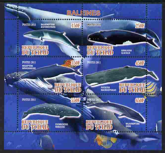 Chad 2011 Whales perf sheetlet containing 6 values unmounted mint, stamps on marine life, stamps on whales, stamps on dolphins